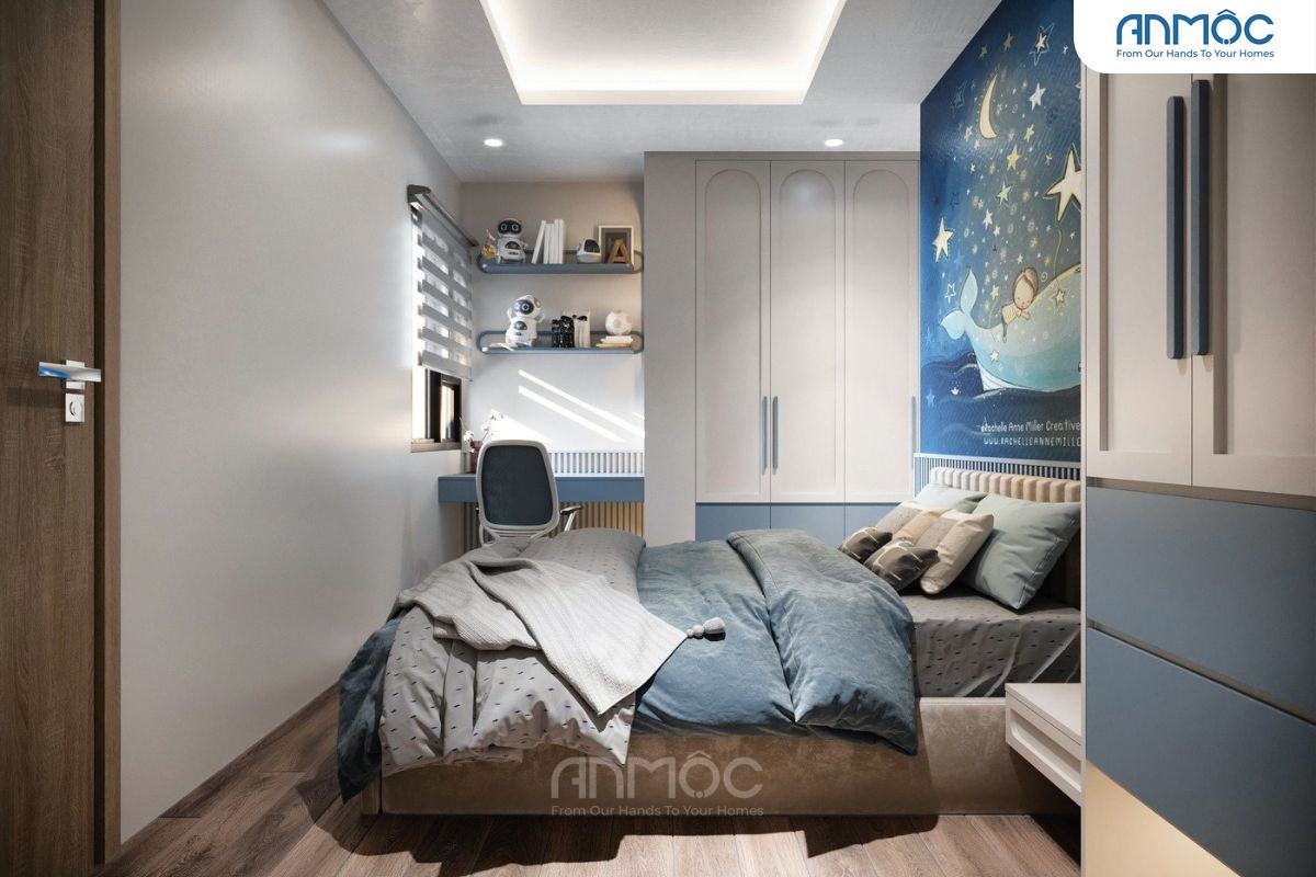 Tổng quan phòng ngủ trẻ em, bao gồm giường, bàn học có ghế xoay và kệ sách trang trí, tối ưu không gian