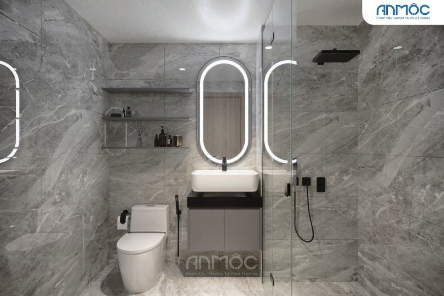 Phòng tắm hiện đại với tường ốp đá marble, gương oval đèn LED, lavabo đặt nổi và vòi sen đen