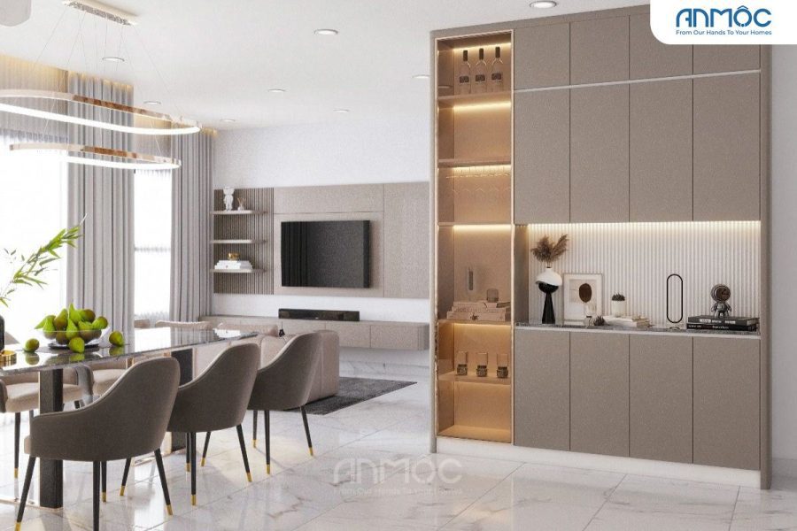 Toàn cảnh khu vực phòng khách và ăn uống, với kệ tủ trang trí tích hợp đèn và kệ TV tối giản