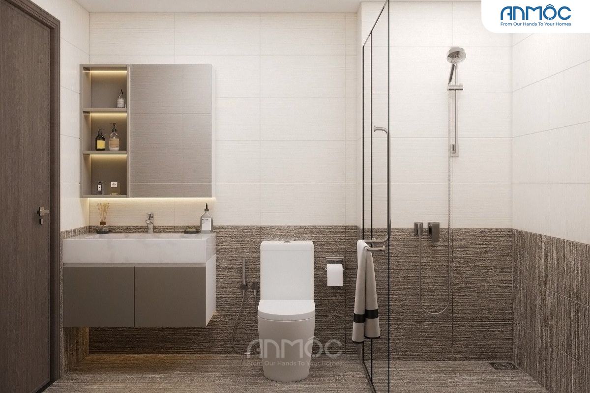 Phòng vệ sinh chung tinh gọn với các khu vực được phân định rõ ràng. Phòng tắm được phân khu bằng vách kính hiện đại và tiện lợi.