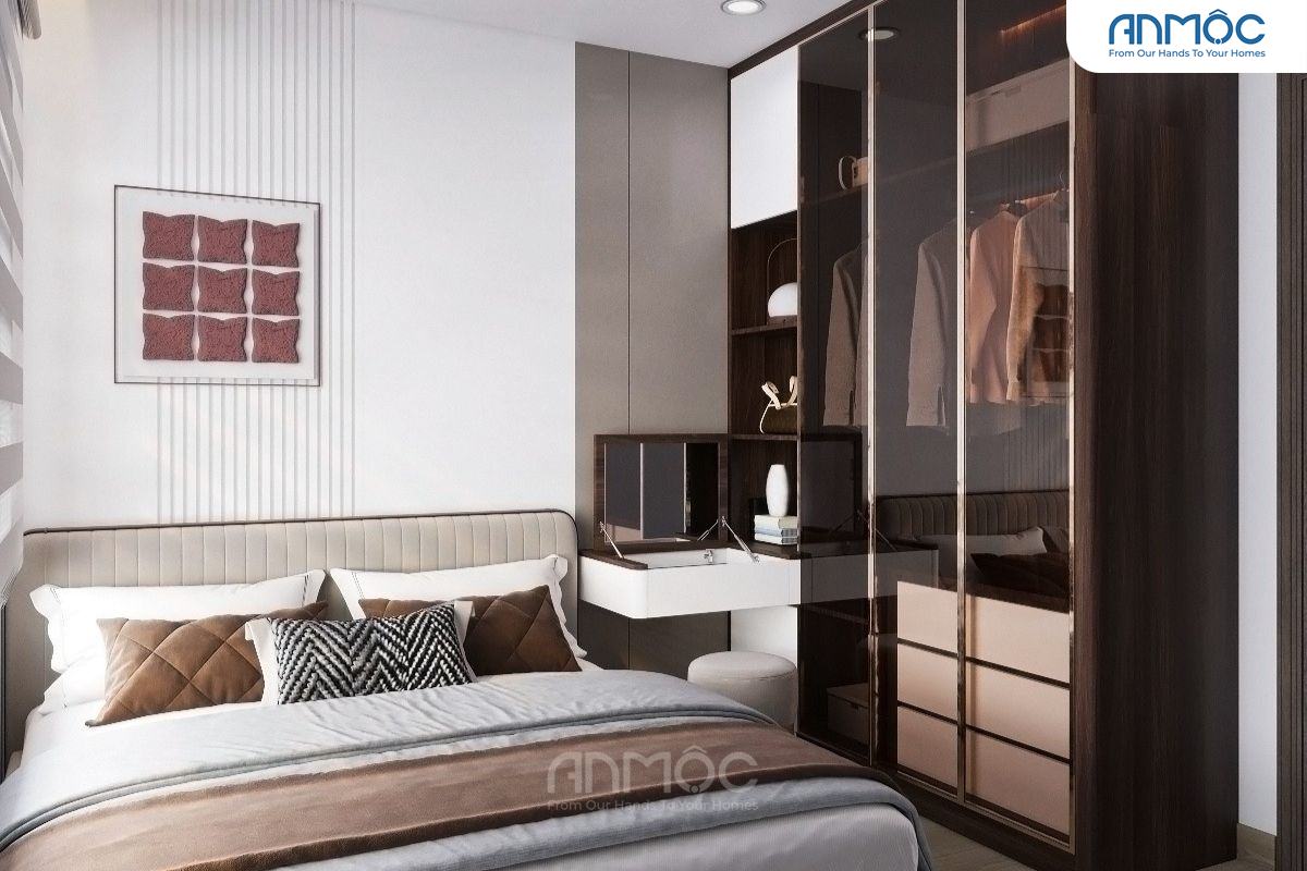 Góc phòng ngủ 1 cận cảnh tủ quần áo cánh kính tích hợp bàn trang điểm nhỏ gọn, giúp tối ưu không gian