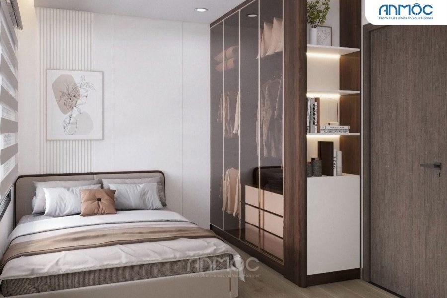 Toàn cảnh phòng ngủ 2, nổi bật tủ quần áo cánh kính tích hợp kệ trang trí có đèn, tối ưu không gian