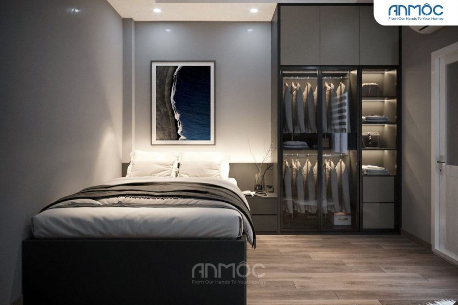 Giường ngủ tối giản với tủ quần áo cánh kính tích hợp, tạo không gian gọn gàng và hiện đại trong phòng ngủ 8m2