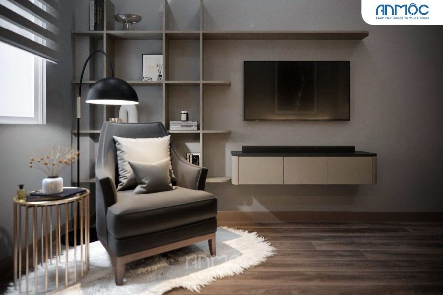 Góc thư giãn với ghế bành êm ái, đèn đọc sách và kệ treo tường đa năng, tối ưu hóa công năng phòng ngủ