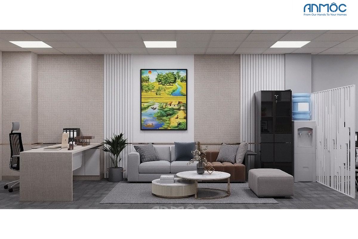 Nội thất quầy lễ tân TH Tourist: khu vực tiếp khách với sofa xám, bàn trà đá cẩm thạch