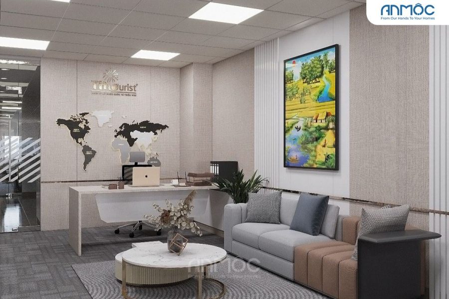 Bàn làm việc khu vực lễ tân màu trắng bo cong hiện đại, bản đồ thế giới 3D