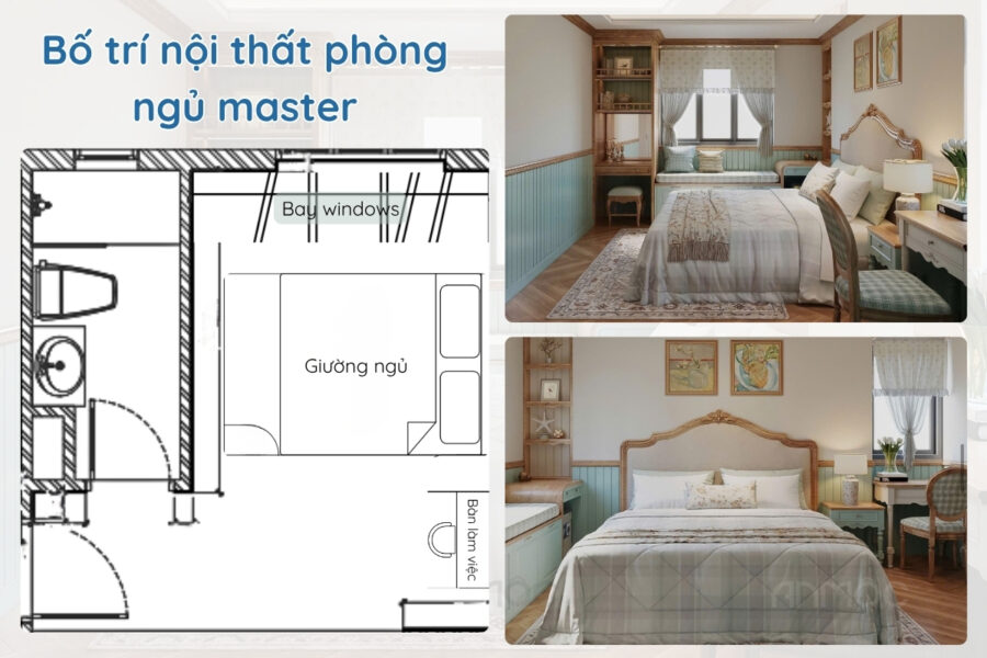 Bố trí nội thất phòng ngủ master với giường đôi trung tâm, bàn làm việc cạnh cửa sổ, kệ gỗ tích hợp và không gian sáng thoáng mang phong cách tân cổ điển
