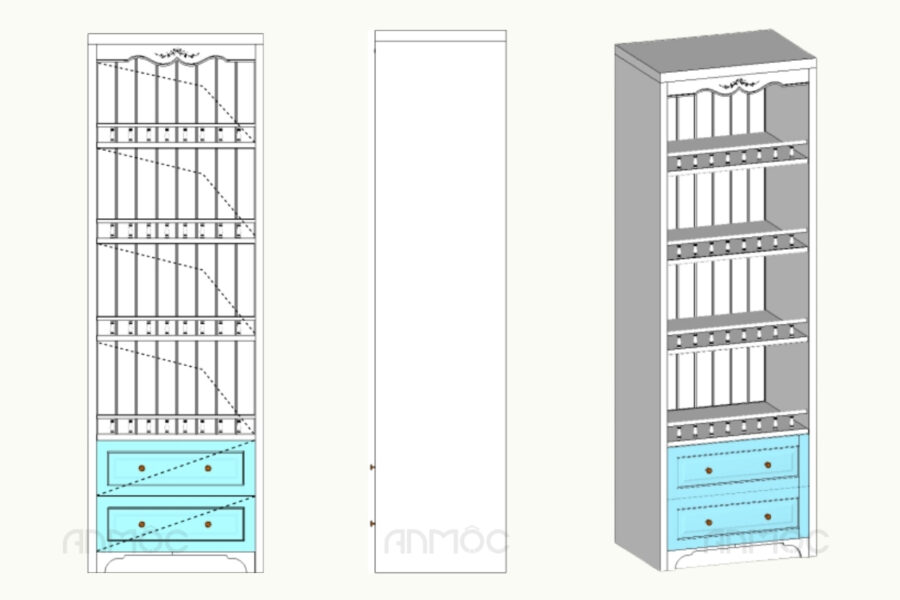 Bản vẽ kỹ thuật chi tiết của tủ trưng bày, bao gồm các góc nhìn chính: mặt đứng, mặt bên và phối cảnh 3D hoàn chỉnh.