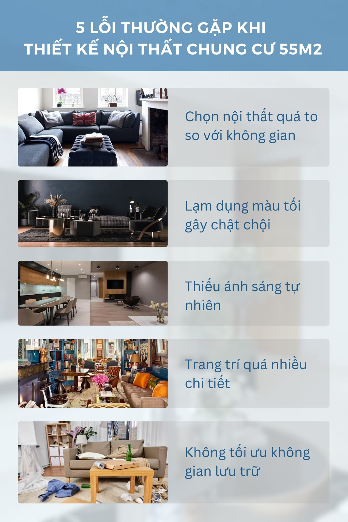 Inforgraphic 5 lỗi thường gặp khi thiết kế nội thất chung cư 55m2