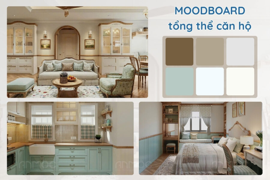 Moodboard tổng thể căn hộ Eratown gồm 6 màu chủ đạo: nâu gỗ, be, xám nhạt, xanh mint, và trắng.