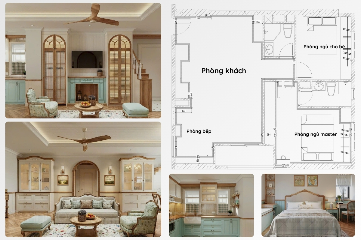 Tổng quan thiết kế nội thất chung cư Era Town 70m2 phong cách tân cổ điển với tông màu xanh-kem.