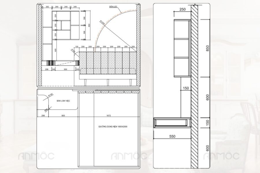Bản vẽ kỹ thuật hệ nội thất đa năng, kết hợp giường ngủ, bàn làm việc và kệ trang trí trong một thiết kế liền khối, tối ưu hóa không gian cho phòng ngủ.