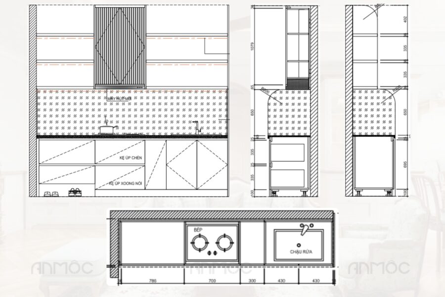 Bản vẽ kỹ thuật chi tiết tủ bếp, chuyển hóa ý tưởng thiết kế thành thông số chính xác, đảm bảo cho quá trình sản xuất và thi công đạt chuẩn.