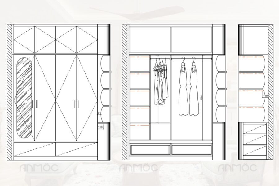 Bản vẽ thi công tủ quần áo phòng ngủ nhỏ, chi tiết hóa giải pháp lưu trữ khoa học phía sau thiết kế cánh tủ độc đáo và kệ bo tròn trang trí.