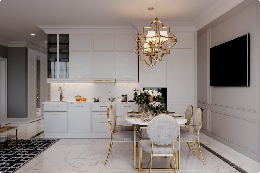 Mẫu nội thất phòng bếp chung cư 70m2 phong cách tân cổ điển