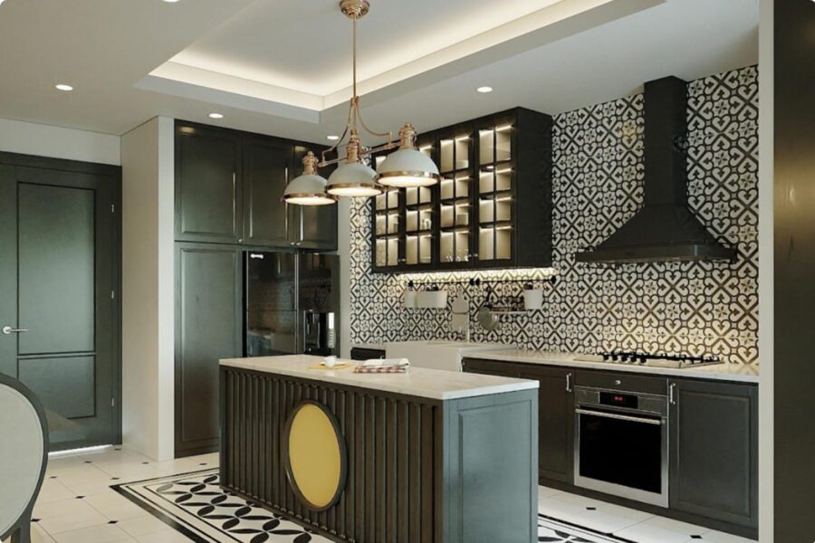 Mẫu thi công nội thất phòng bếp chung cư 70m2 phong cách indochine