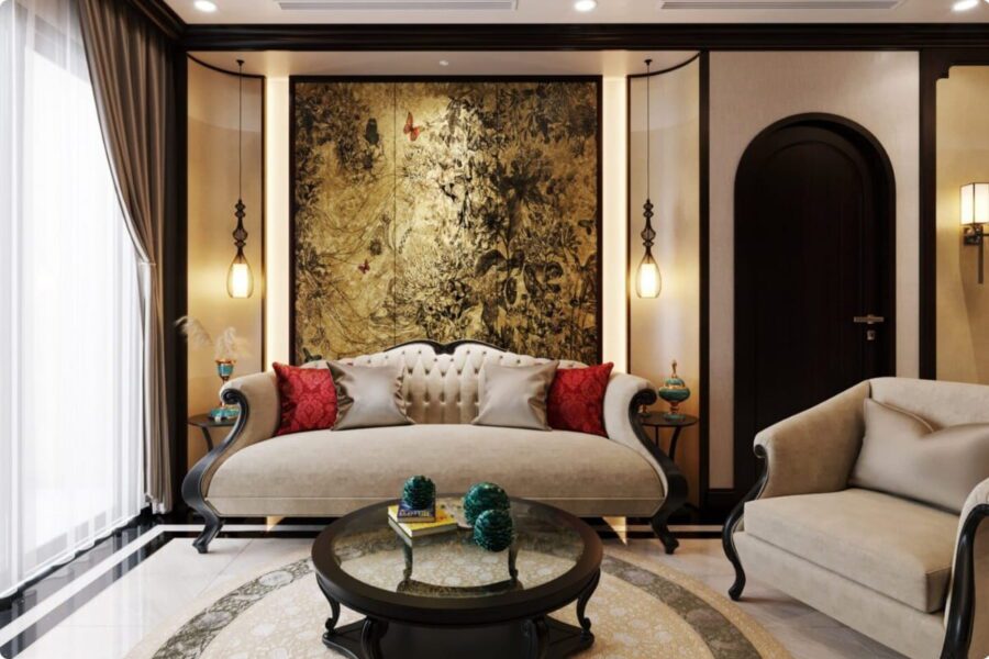 Mẫu thi công nội thất phòng khách chung cư 70m2 phong cách indochine