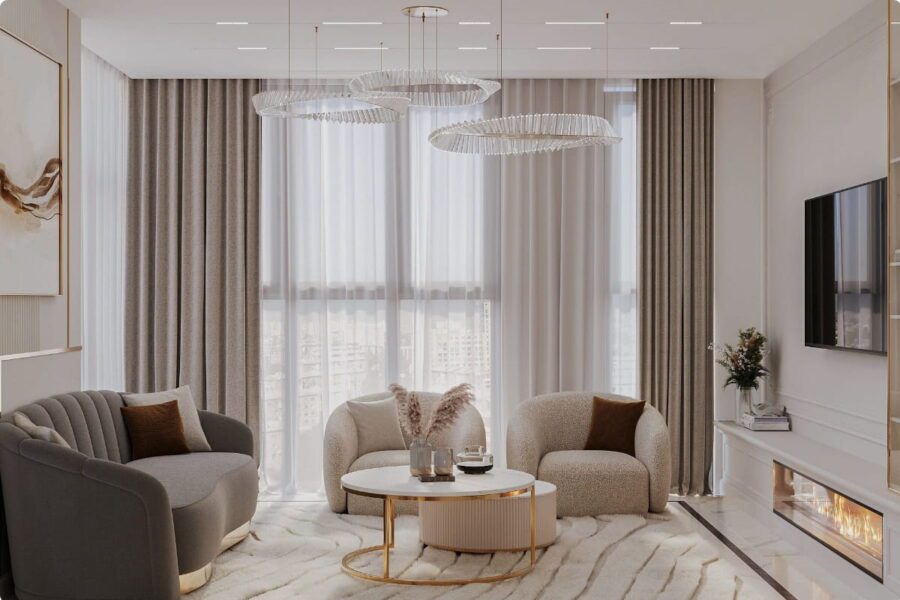 Mẫu thi công nội thất phòng khách chung cư 70m2 phong cách tân cổ điển