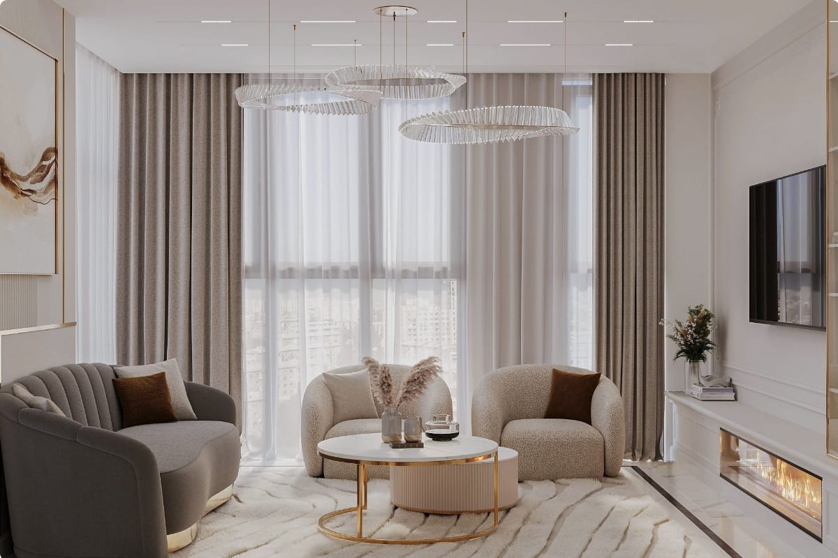 Mẫu thi công nội thất phòng khách chung cư 70m2 phong cách tân cổ điển