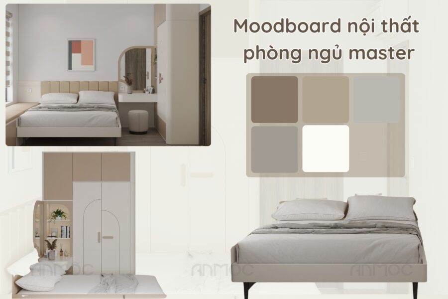 Moodboard phòng ngủ master, kiến tạo không gian nghỉ ngơi thư giãn và tinh tế thông qua bảng màu trung tính kết hợp với hệ nội thất thông minh được thiết kế riêng.