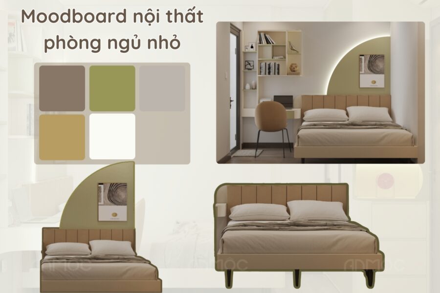 Moodboard phòng ngủ nhỏ, định hình phong cách trẻ trung và sáng tạo qua bảng màu kết hợp tông xanh bơ - vàng đất cùng các mẫu nội thất tích hợp thông minh.