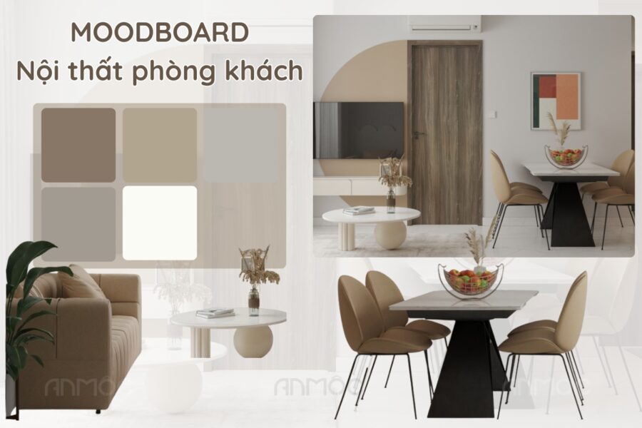 Moodboard định hình phong cách phòng khách hiện đại, thể hiện sự hòa quyện giữa bảng màu trung tính ấm áp, vật liệu gỗ và nội thất tinh gọn