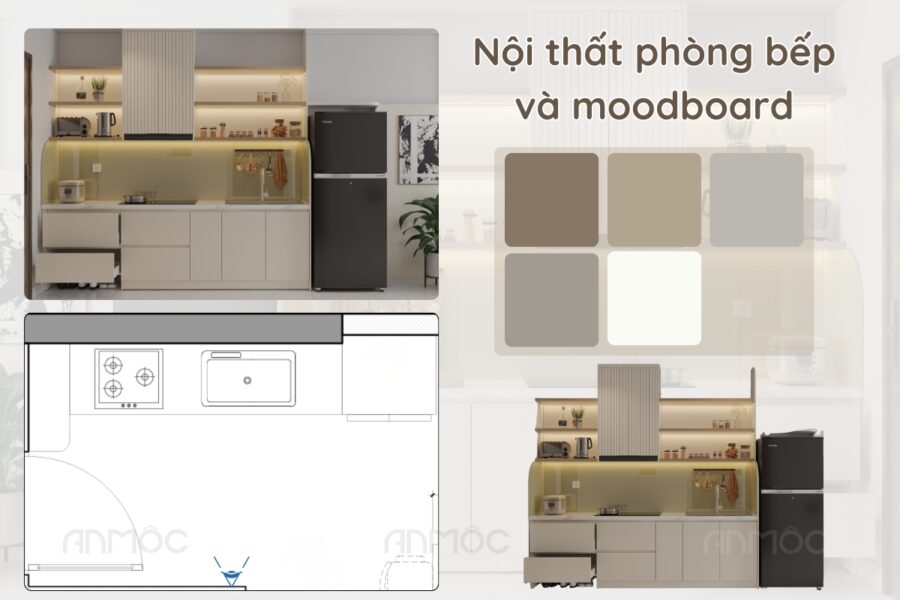 Giải pháp thiết kế toàn diện cho bếp chữ I nhỏ gọn, thể hiện qua phối cảnh 3D, mặt bằng công năng và moodboard màu sắc đồng nhất, tạo nên không gian nấu nướng hiện đại và tiện nghi.