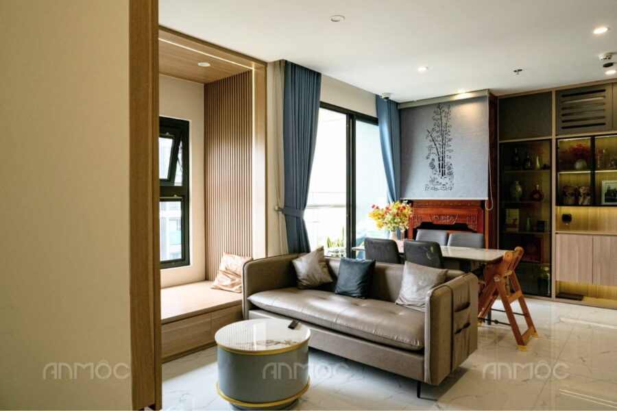 Mẫu thi công nội thất phòng khách chung cư 70m2 hiện đại.