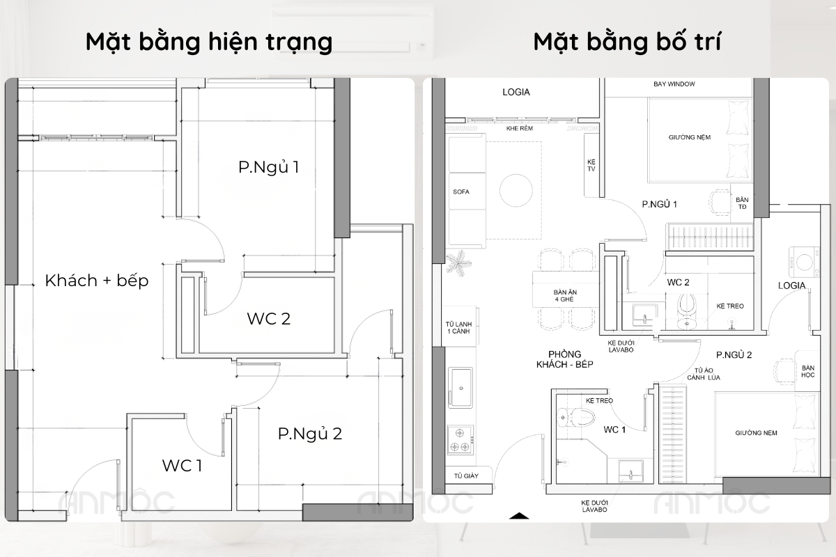 Bản vẽ mặt bằng hiện trạng và mặt bằng bố trí nội thất cho căn hộ 2 phòng ngủ - đã được sắp xếp đầy đủ nội thất cho các không gian sống một cách khoa học