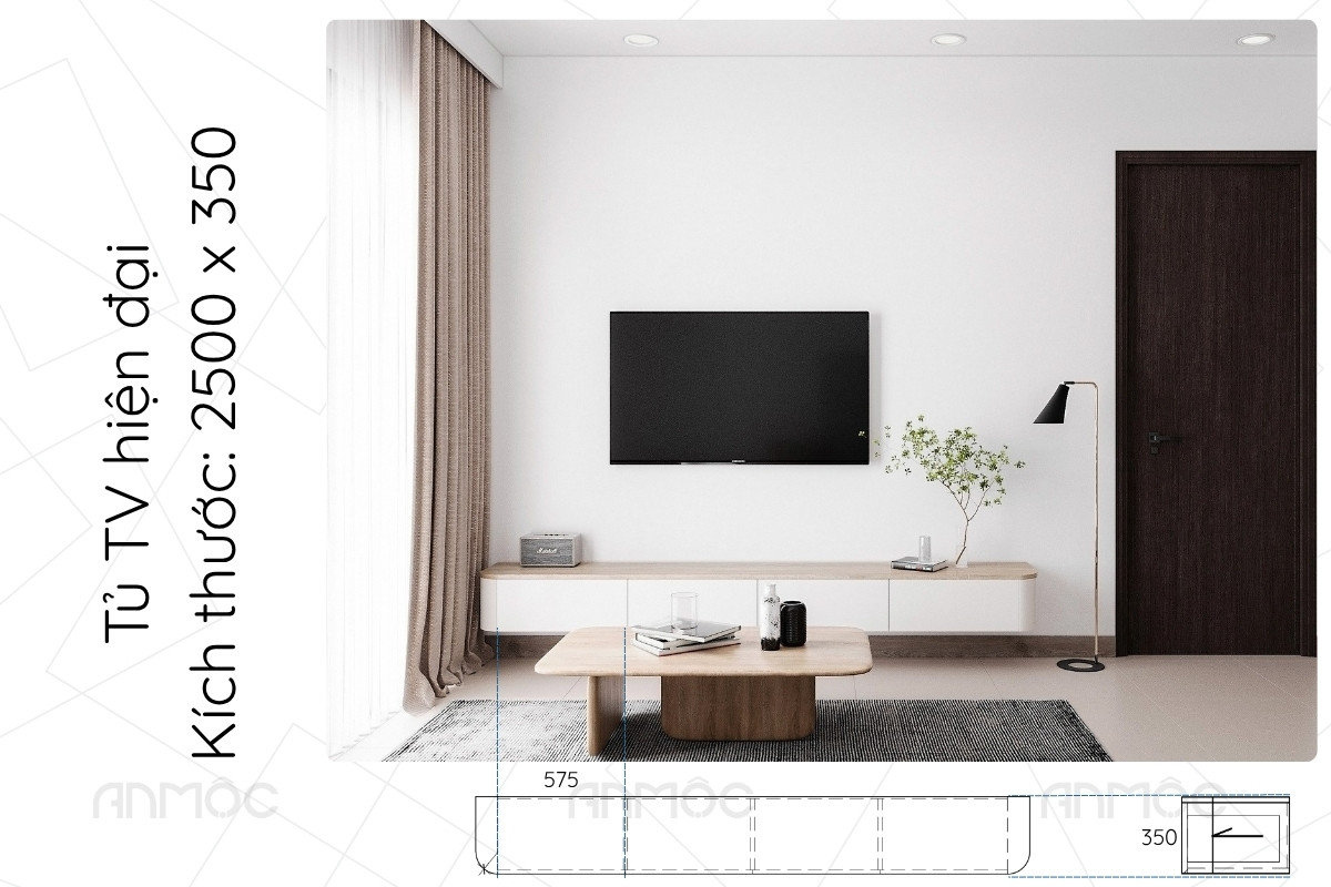 Thiết kế nội thất chung cư The Glory 60m2 52 Chi tiết tủ tivi hiện đại kích thước 2500 x 350 trong căn hộ The Glory