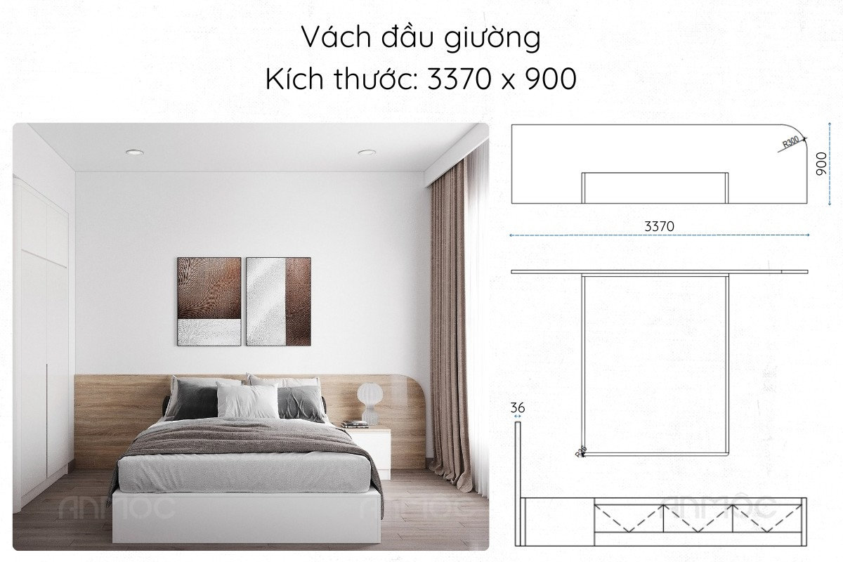 Thiết kế nội thất chung cư The Glory 60m2 59 Giường ngủ 2 với vách đầu giường gỗ hiện đại, thẩm mỹ