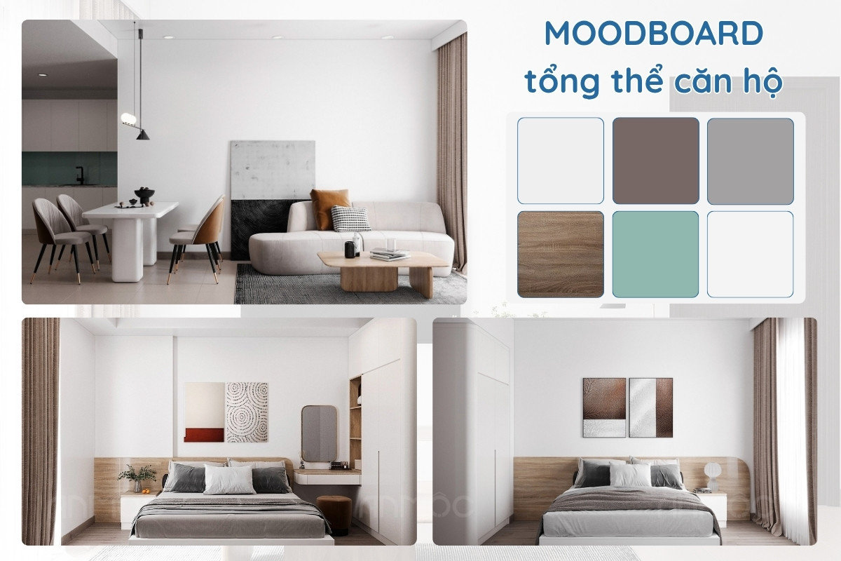 Thiết kế nội thất chung cư The Glory 60m2 49 Moodboard tổng thể căn hộ The Glory 60m2 với bảng màu trung tính và chất liệu gỗ ấm áp