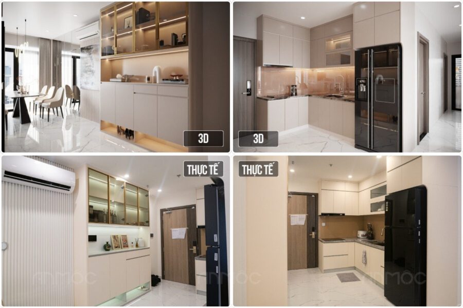 Ảnh 3D so với thực tế hoàn thiện phòng bếp chung cư Vinhomes Grand Park giống 95-97% So sánh ảnh 3D và thực tế hoàn thiện phòng bếp chung cư Vinhomes 1509