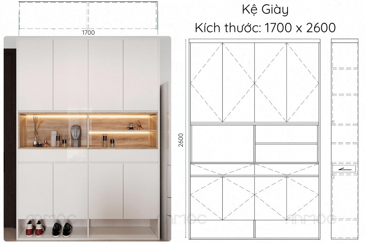 Thiết kế nội thất chung cư The Glory 60m2 50 Thiết kế chi tiết kệ giày kích thước 1700 x 2600 tiện dụng và thẩm mỹ trong căn hộ The Glory