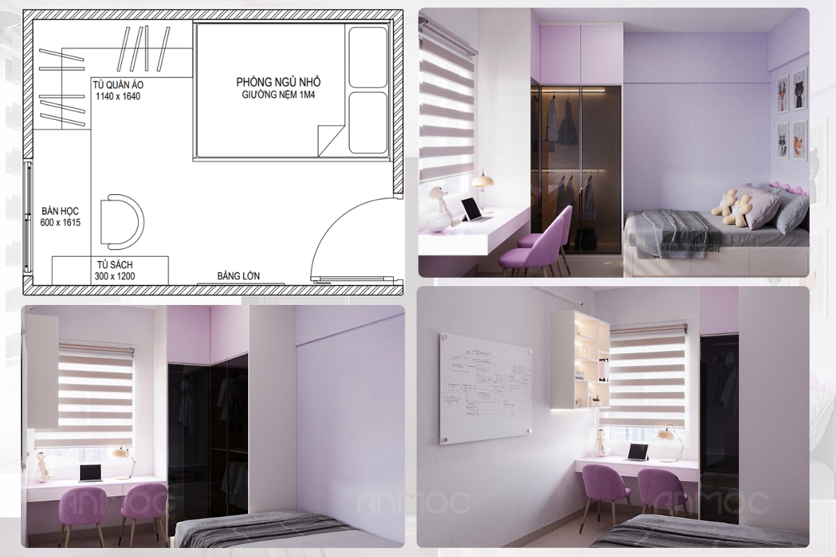 Bản vẽ mặt bằng và phối cảnh 3D chi tiết phòng ngủ 10m2, thể hiện cách bố trí giường, tủ quần áo và bàn học một cách khoa học, tối ưu không gian.