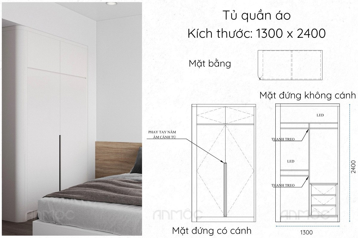 Thiết kế nội thất chung cư The Glory 60m2 61 Tủ quần áo phòng ngủ thứ hai của căn hộ The Glory, thiết kế đơn giản nhưng đầy đủ tiện nghi