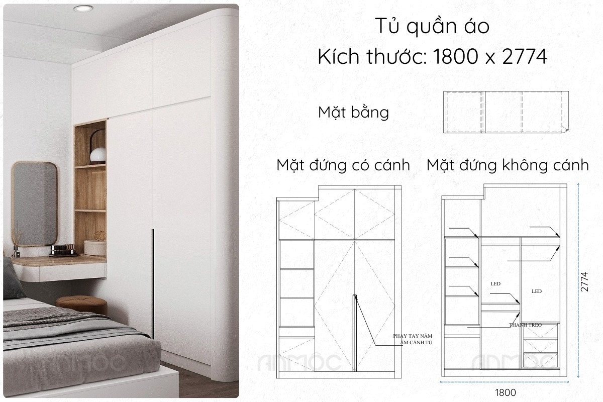 Thiết kế nội thất chung cư The Glory 60m2 56 Tủ quần áo thiết kế âm tường, tối ưu không gian phòng ngủ căn hộ The Glory