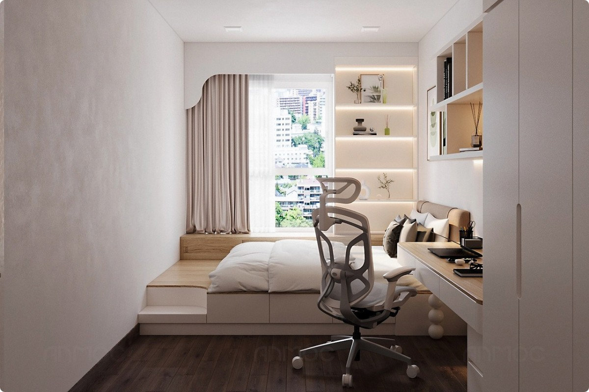 Giường bục với thiết kế đa năng được đặt gần cửa sổ mang đến sự thoáng đãng và thư giãn cho không gian