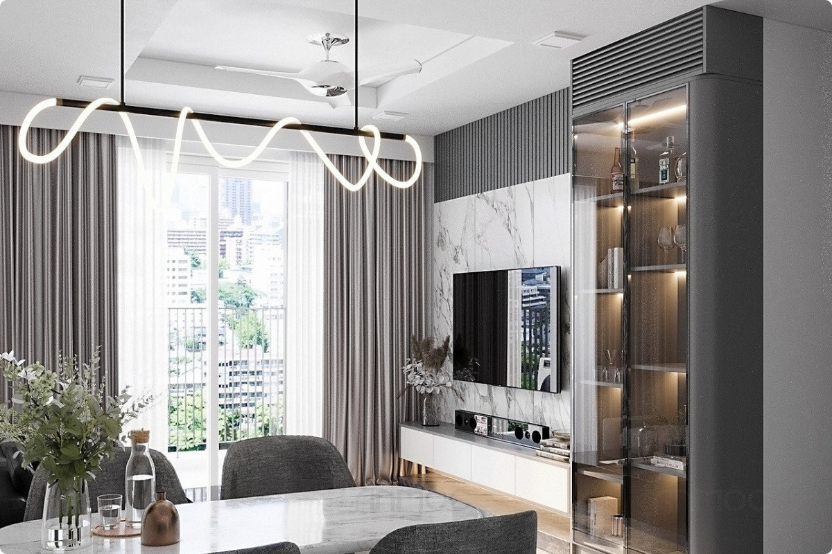 Góc nhìn từ khu vực bàn ăn ra không gian phòng khách chung cư Sunrise Cityview 76m2