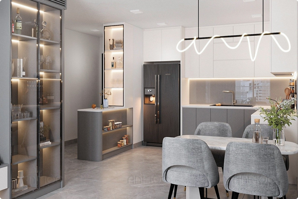 Góc nhìn từ sofa phòng khách ra phòng bếp chung cư Sunrise Cityview 76m2