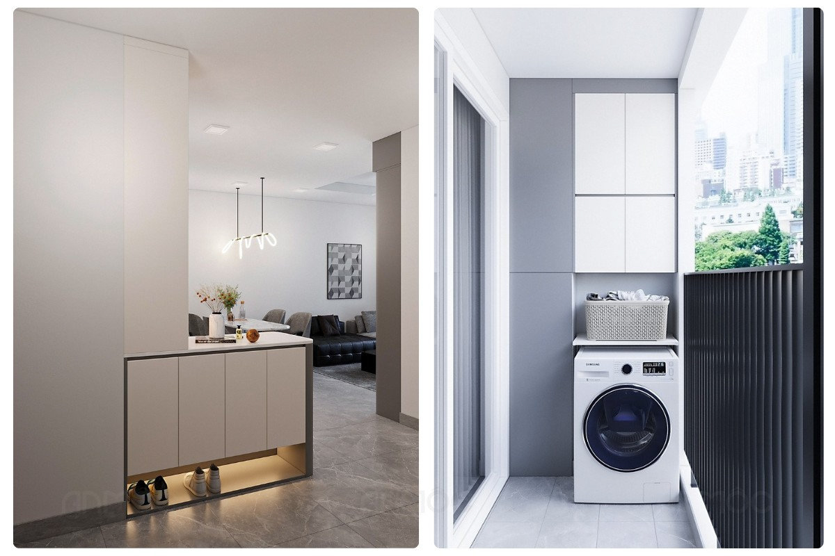 Kệ giày và kệ máy giặt được bố trí gọn gàng, đảm bảo công năng sử dụng và tính thẩm mỹ cho không gian căn hộ