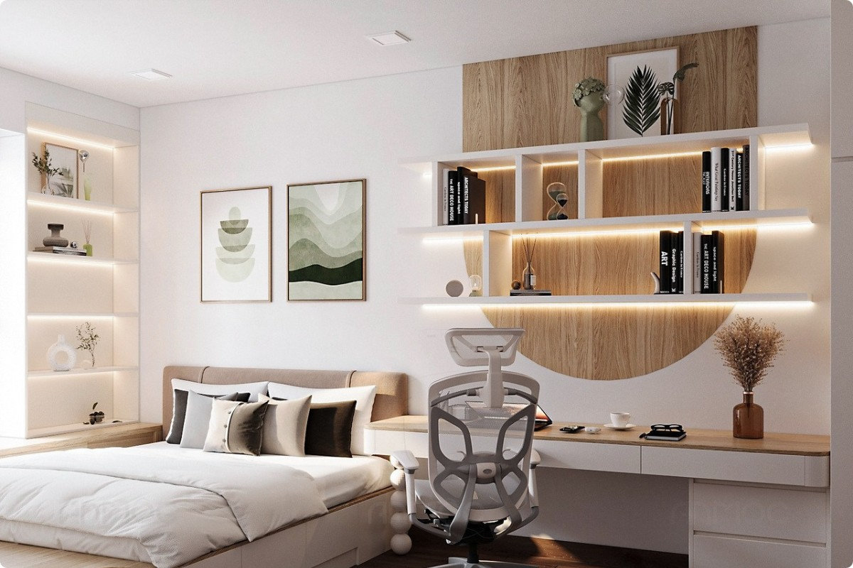 Không gian phòng ngủ được bố trí hài hoà, cân đối giữa nơi nghỉ ngơi và làm việc