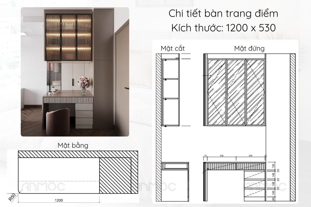 Thiết Kế Nội Thất Phòng Ngủ Chung Cư Riviera Point Tower 5 39 Khu vực bàn trang điểm phòng ngủ master với thiết kế tinh tế cùng hệ tủ và ngăn kéo tiện dụng
