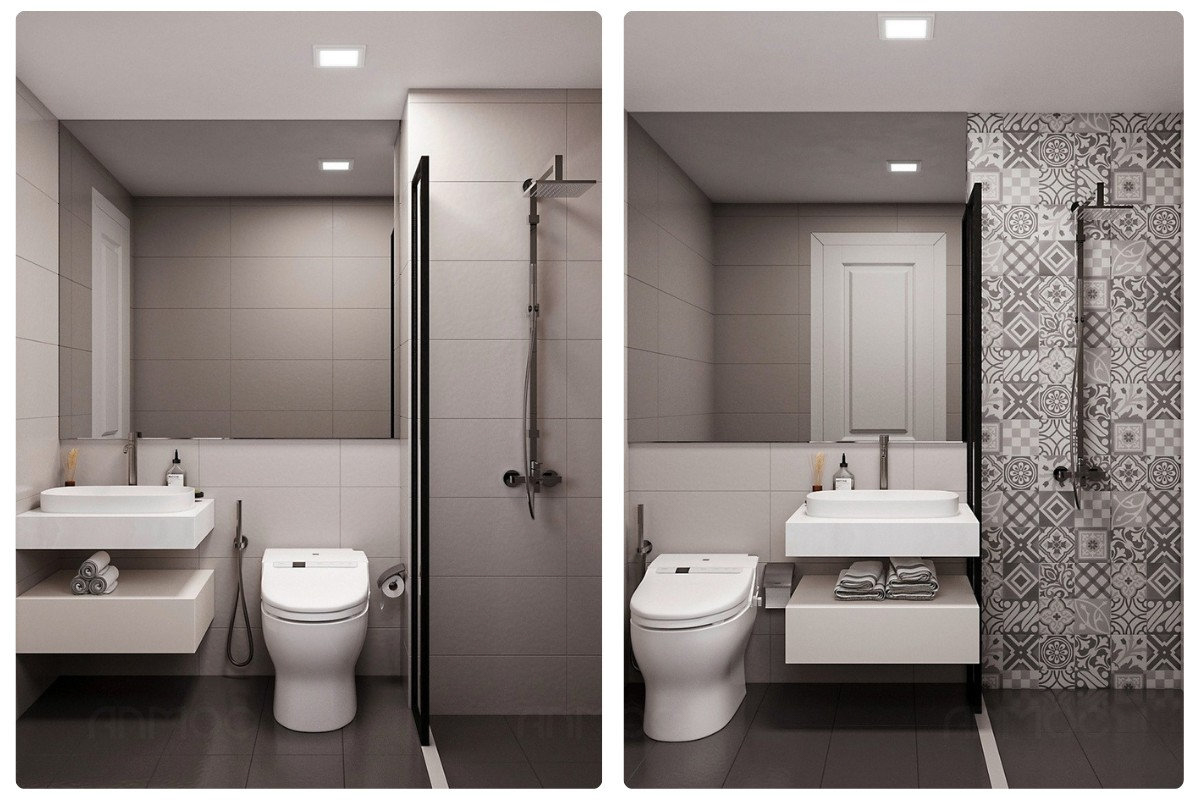 Lavabo WC được thiết kế theo phong cách hiện đại, kết hợp gạch ốp tinh tế, bố trí gọn gàng nhằm tối ưu công năng sử dụng