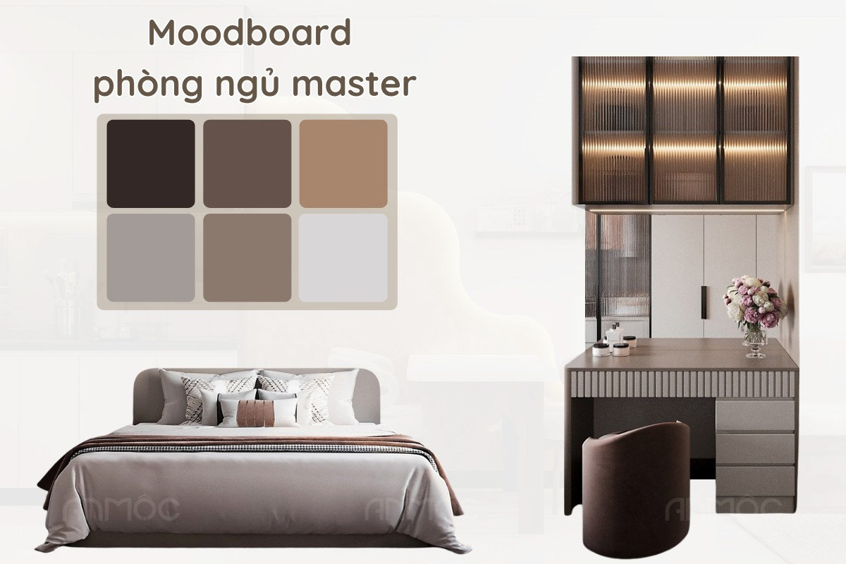 Thiết Kế Nội Thất Phòng Ngủ Chung Cư Riviera Point Tower 5 36 Moodboard phòng ngủ Riviera Point Tower với gam màu nhẹ nhàng, mang lại cảm giác thư giãn cho không gian nghỉ ngơi