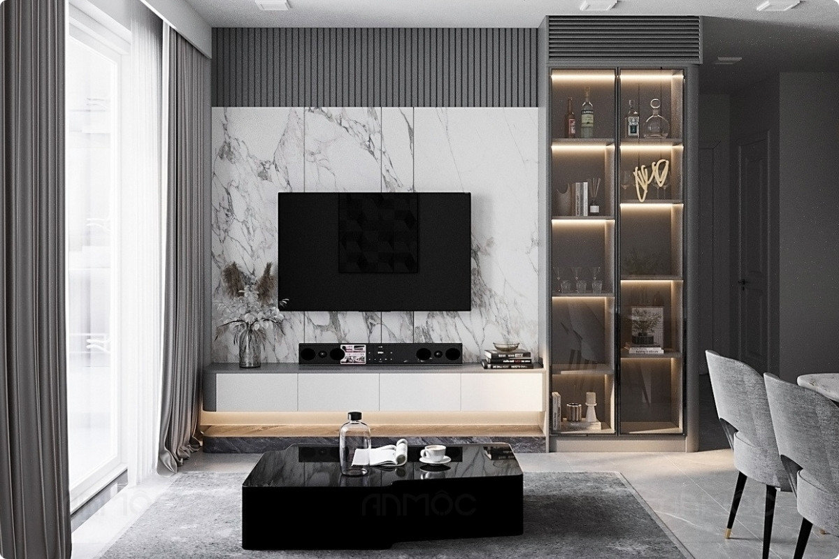 Phòng khách chung cư Sunrise Cityview 76m2 phong cách hiện đại với nội thất sang trọng, đường nét tinh gọn