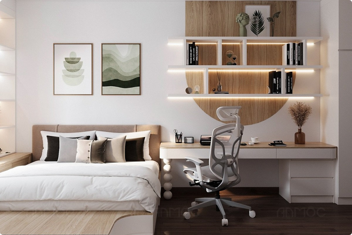 Tổng thể phòng ngủ chung cư Sunrise Cityview ấm áp, tiện nghi