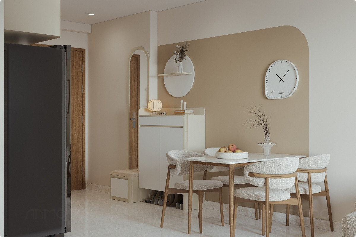 Bàn ăn liền bếp trong căn hộ Bcons Plaza được thiết kế phong cách tinh giản