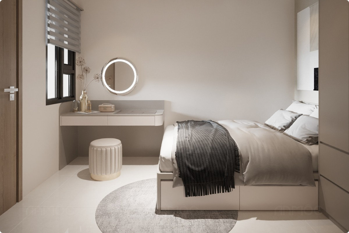 Bàn trang điểm và giường ngủ liền mạch, tạo cảm giác thoáng và dễ sử dụng