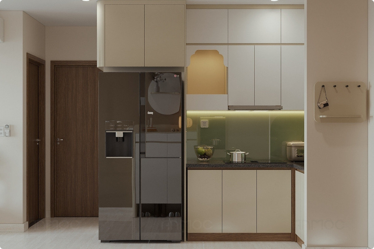 Bếp chữ L với thiết kế đơn giản và tiện nghi trong căn hộ Bcons Plaza 51m2